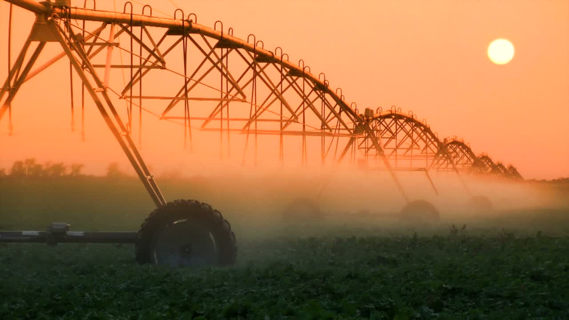 Pivot de riego en el atardecer